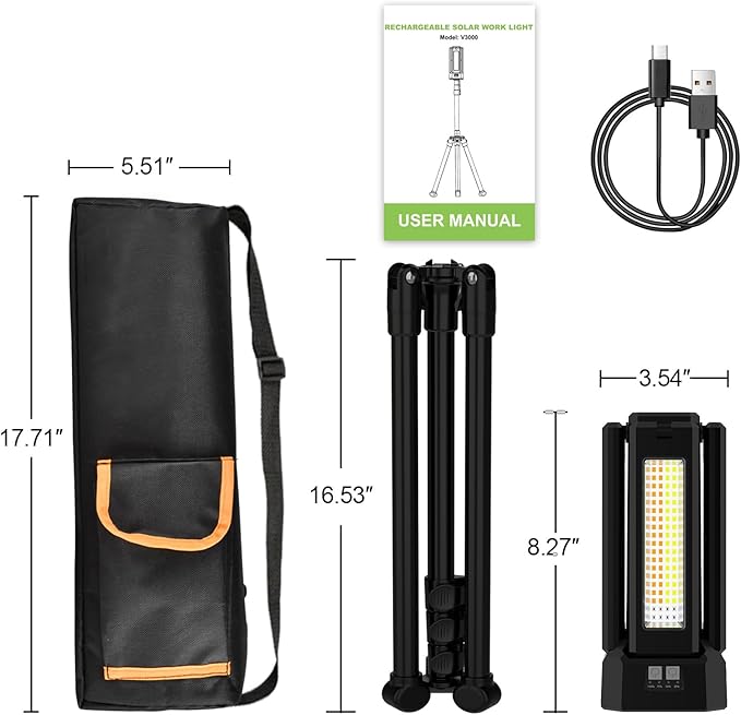 13200mAh Rechargeable Solar Work Light with Folding Stand and Carrying Bag, AODOO 8000 Lumen Stepless Dimmable , White/Warm/Nature White/RED(SOS) with Detachable Tripod (Black)