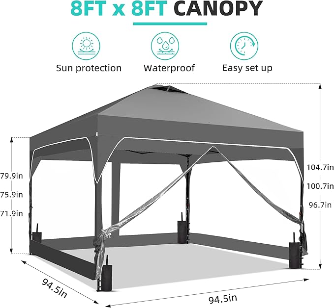 GDY 8x8FT Outdoor Pop Up Canopy Tent with One Push Setup, Easy Setup Gazebo with 4 PVC Transparent Sidewalls for Events, Parties, Camping, Gray