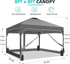 GDY 8x8FT Outdoor Pop Up Canopy Tent with One Push Setup, Easy Setup Gazebo with 4 PVC Transparent Sidewalls for Events, Parties, Camping, Gray