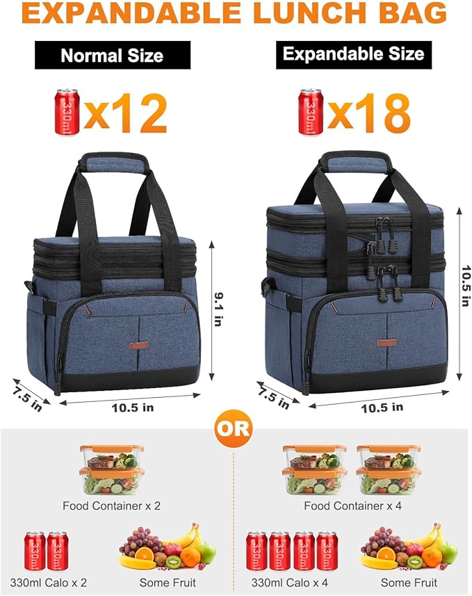 Lunch Box For Men Women Double Deck Insulated Lunch Bag For Men Woman Leakproof Expandable Cooler Bag with Adjustable Shoulder Strap for Work Picnic School(Blue,Medium)