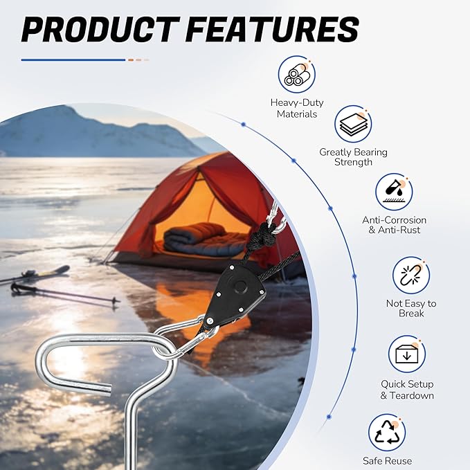 Ice Anchor Tool Kit for Ice Fishing Shelter - 6PC Heavy Duty Ice Tent Shelter Stakes and Drill Bit 1/4" Adapter, Rope Hanger Ice Fishing Tent Accessories