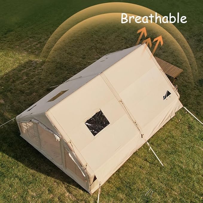 Large Luxury Inflatable Camping Tent Cotton Canvas Tent, Breathable and Waterproof Air Tent with Skylight and Stove Jack Hole for for 4-6-8-10 Person Family Camping