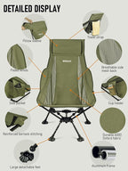WildCall Lightweight Folding High Back Camping Chair with Head Support, Compact Beach Chair with Anti-Sinking Large Feet and Three Tilt Angles Adjustment