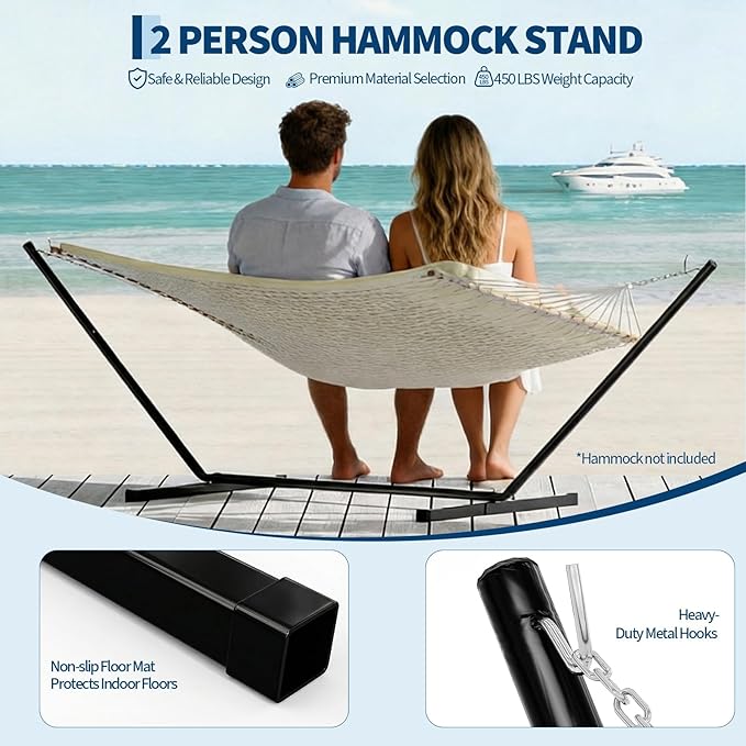 12 FT Outdoor Hammock Stand Heavy Duty Steel, Portable 2 Person Hammock Frame with Hooks and Chains, 450 LBS Capacity Hammock Holder for Patio Backyard Garden, Black