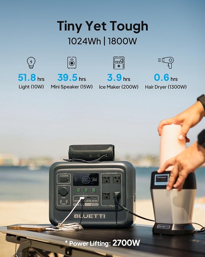 BLUETTI Elite 100 V2 Portable Power Station and USB C Cable, 1024Wh LFP Battery Solar Generator w/ 4 1800W AC Outlets (3600W Surge) Backup, 35% Smaller for Camping, RV, Outages (Solar Panel Optional)