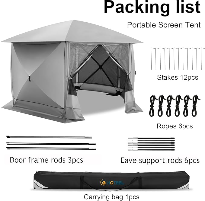COBIZI Pop Up Gazebo Screen Tent Screen House for Camping, 12x12 Screen Room with Mosquito Netting, Hub Tent Instant Screened Canopy with Carrying Bag and Ground Stakes, Gray