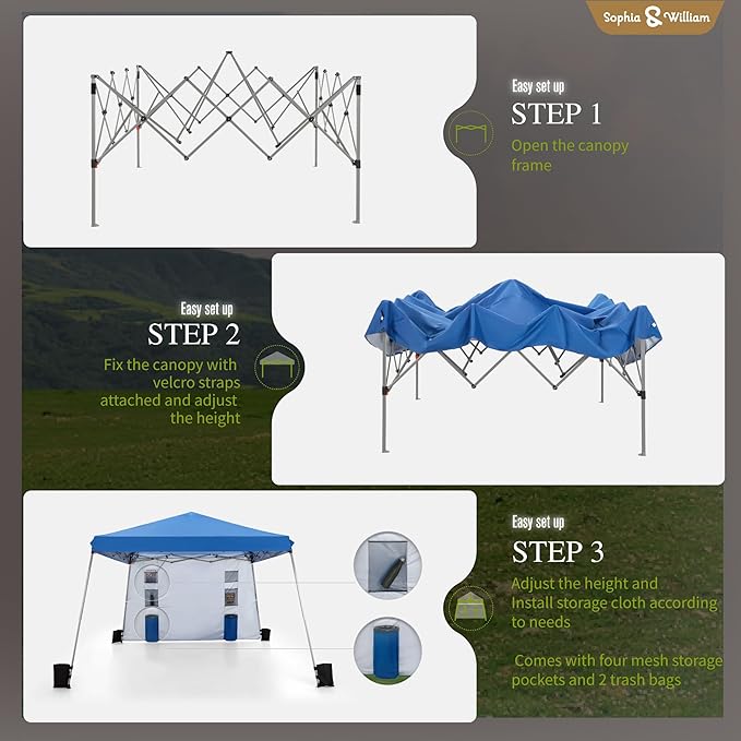 Sophia & William Canopy Tent Pop Up 12x12ft Base/9x9ft Top Easy Set Up Tent Slant Legs, Outdoor Canopies Shelter with 1 Sidewall & 4 Sandbags, 1 Roller Bag & Storage Bag, 8 Stakes & 4 Guy Ropes UPF50+