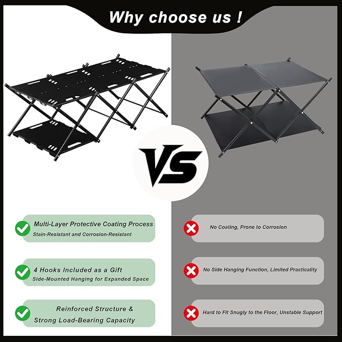 Portable Camping Table & Shelf, 2-in-1Folding Carbon Steel Picnic Rack 37" 4-Tier Storage Cook Station with 4 Hooks,Perfect for Party, Dining, Camping, BBQ, Indoor, Outdoor