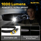 Headlamp, USB C Rechargeable Battery Powered Head Lamp LED Flashlight with Clip Magnetic Base, 1000 Lumens Zoomable Aluminum Headlamp IPX4 Waterproof for Hard Hat Working Running Hiking