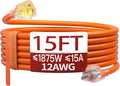 15 FT 12/3 Extension Cord Outdoor, Heavy Duty Weatherproof & Flame Retardant Orange 3 Prong Power Cord with Light, Outside for Lawn & Garden, 15 Amps 1875 Watts 125 VAC 12AWG SJTW, ETL Listed