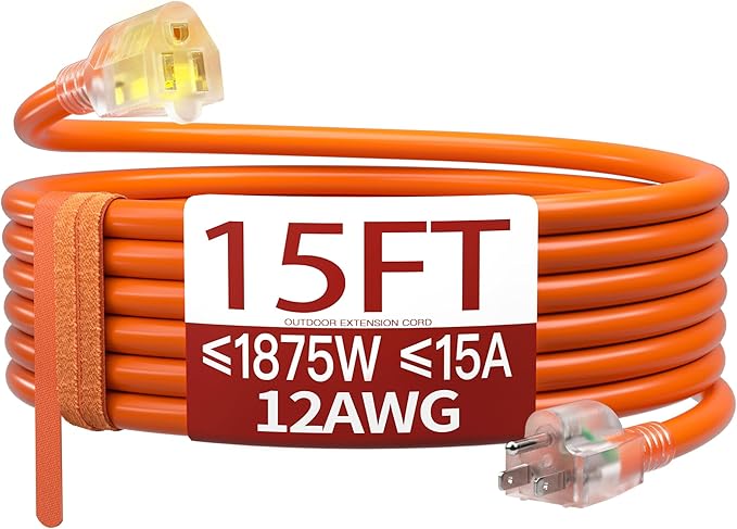 15 FT 12/3 Extension Cord Outdoor, Heavy Duty Weatherproof & Flame Retardant Orange 3 Prong Power Cord with Light, Outside for Lawn & Garden, 15 Amps 1875 Watts 125 VAC 12AWG SJTW, ETL Listed