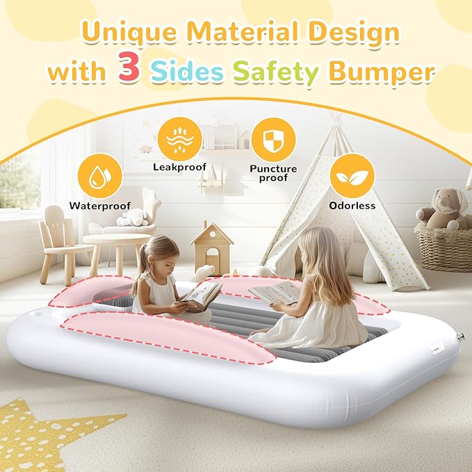 Inflatable Kids Travel Bed - Portable Comfortable Air Mattress with 3 Sides Safety Bumpers - Blow Up Bed for Camping & Travel (53 Inches)