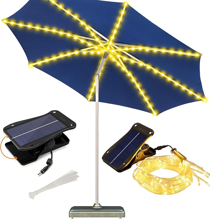 ZNYCYE Patio Umbrella Solar Lights with 8 Lighting Modes - Upgraded Larger Solar Panel Clip 5V 152 LEDs Umbrella Lights Outdoor Waterproof for Patio Beach Tent Camping Garden Decor, Warm White