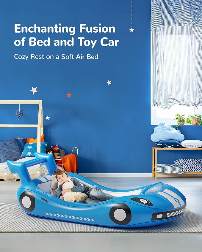 QPAU Blow up Inflatable Toddler Travel Bed with Sides, Toddler Air Mattress for Camping, Traveling, Hotel, or Home Use, Hand Pump Included (Blue)