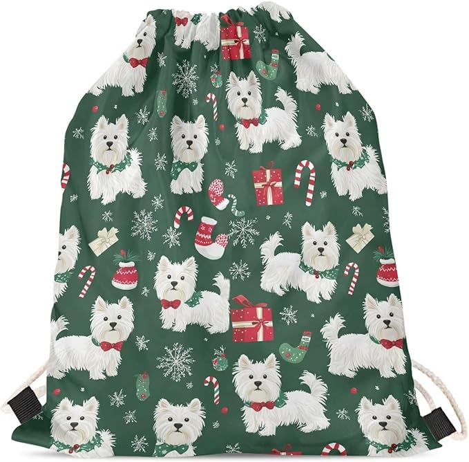 Upetstory Christmas Westie Drawstring Backpack Portable Draw String Bag Lightweight Cinch Sackpack Gymnastics Beach Storage Pouch for Adults Kids Travel Beach Swim Dance Yoga