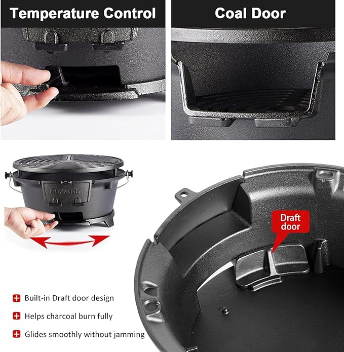 IronMaster Hibachi Grill, 100% Cast Iron, Tabletop Small Portable Charcoal Grill for Outdoor Camping - 2 Heights, Air Control, Coal Door, Ideal for 2 People