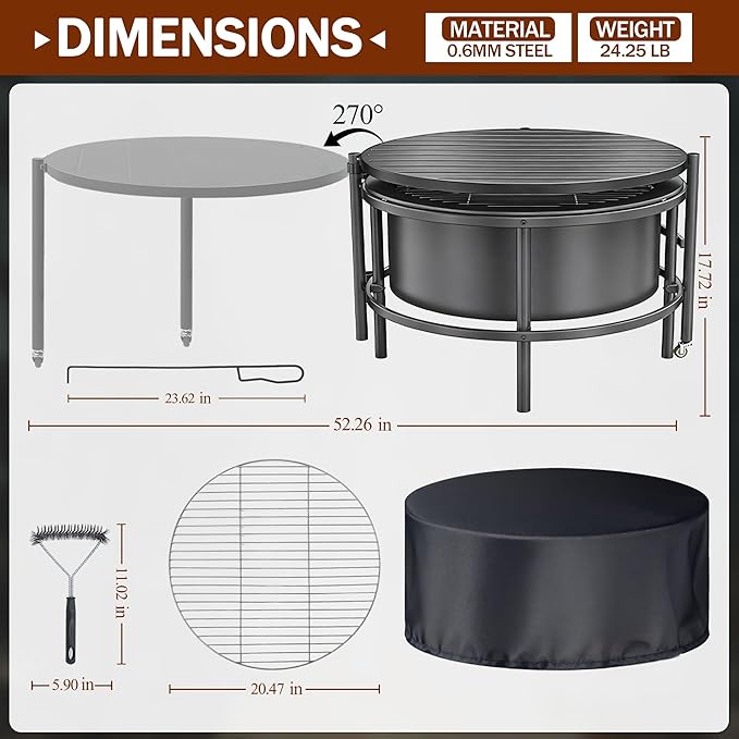 Fire Pits for Outside Wood Burning, Large Outdoor Fire Pit Stove with Roating Table and BBQ Grill, Cold Finished Steel Round Firepit Bowl with Poker, Waterproof Cover, Grill Brush
