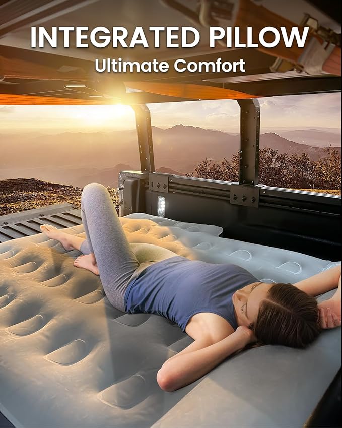 Short Truck Bed Mattress 5-5.5ft for Mid-Size Pickup,Truck Bed Air Mattress for Tacoma Honda Ridgeline Jeep Gladiator JT 5ft, Wired Air Pump, Oversized Carry Bag, Integrated Pillow