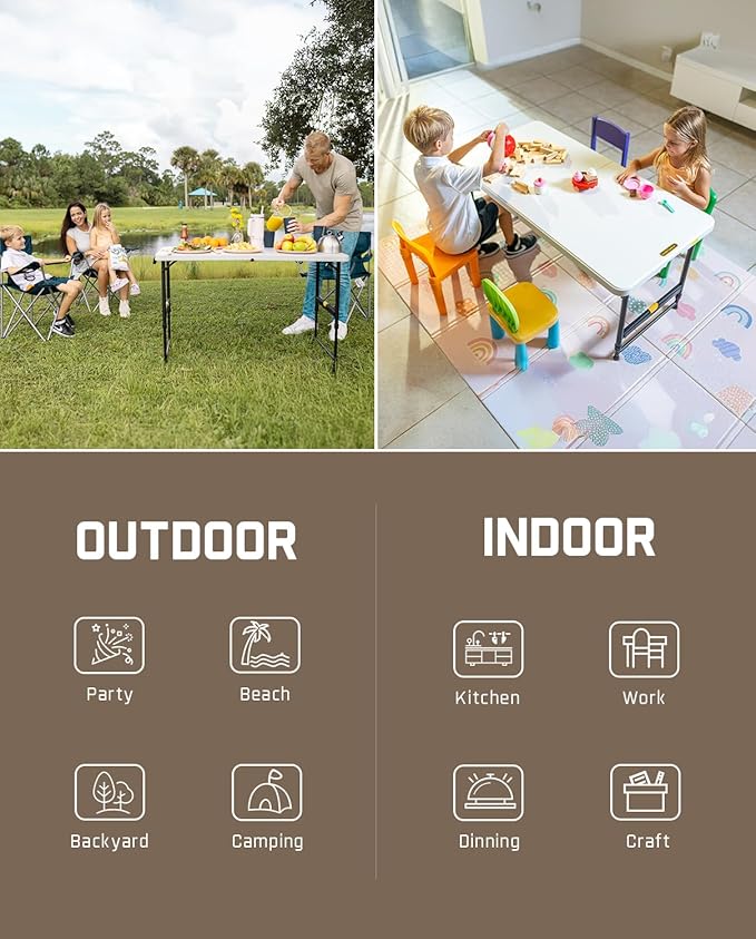 FanttikOutdoor Folding Table 4 Foot, Effortless Quick Adjustable Height Foldable Small Card Table, Fixing Lock, Stable for Party Dining Events Picnic Indoor Outdoor Camping, 1 Pack, Zeta X4 Pro White