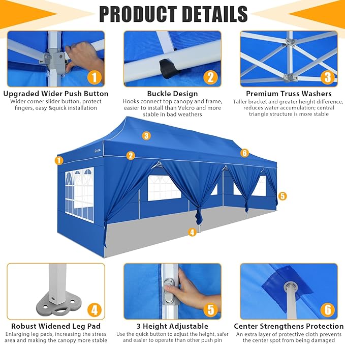 COBIZI 10x30 Heavy Duty Pop up Canopy Tent for Parties with 8 Sidewalls, Easy Setup Outdoor Commercial Gazebo for Wedding Event, Party Tent with Portable Bag & Sand Bags, Blue