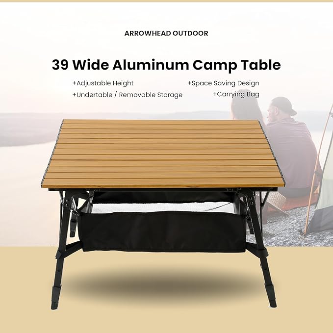 ARROWHEAD OUTDOOR 39" Aluminum Folding Camp Roll Up Table w/Adjustable Height, Undertable Mesh Storage, Carry Bag