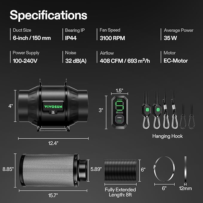VIVOSUN Smart Air Filtration T6 Kit 6", AeroZesh T6 Inline Duct Fan with E12 Speed Controller, Carbon Filter & 8' Ducting, Cooling & Ventilation System for Grow Tents, Indoor Gardening, Hydroponics