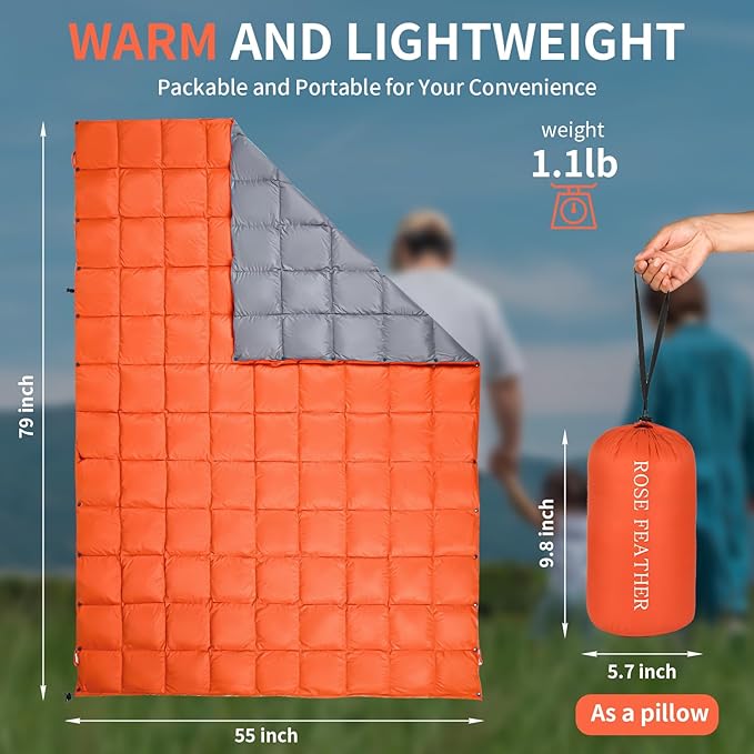 Down Camping Blanket - Lightweight, Packable, Warm & Puffy Outdoor Travel Quilt for Sleep, Hiking, Backpacking, Stadium, Festivals, Water-Resistant Sleeping Bag 55"x79"