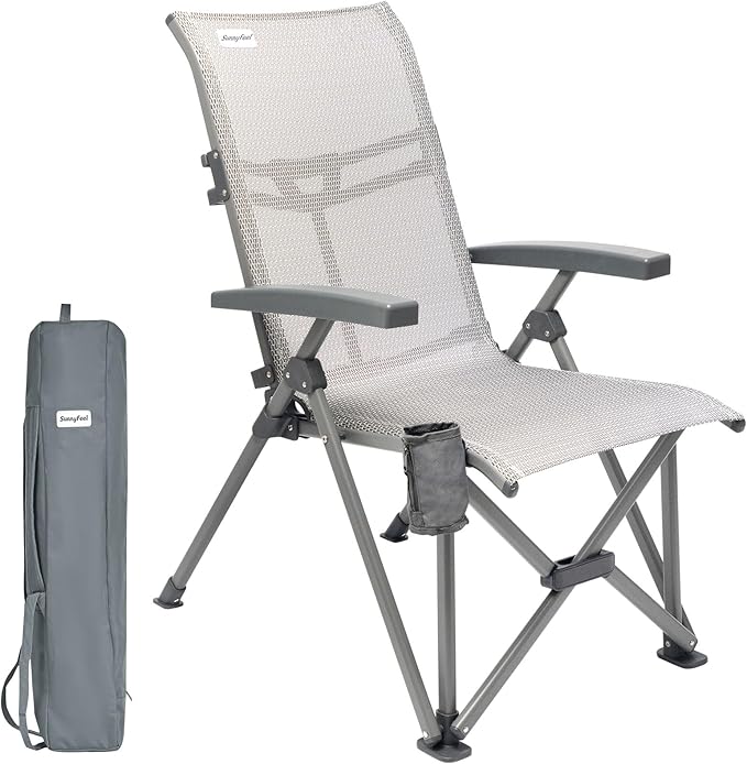 SUNNYFEEL Folding Camping Chair Outdoor Reclining Adjustable 3 Position Heavy Duty Adults 500 LBS Capacity with Hard Armrests & Cup Holder, Blue Ergonomic Chairs for Outdoor, Camp, Beach, Travel, RV