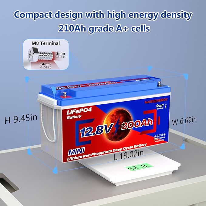 12V 200Ah Lifepo4 Battery with Bluetooth, Built-in 200A Smart BMS, Low-Temp Protection, 4500+ Deep Cycle Grade A Lithium Cells for RV Travel, Trolling Motor, Marine,Boat,Solar Panel,Camping