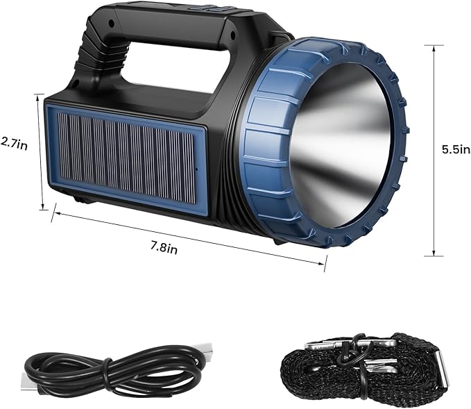 Solar Flashlight，Solar Powered Flashlight for Multi Function 8000 Lumens with Emergency，Portable Bright Camping Rechargeable Flashlights for Home, Outdoor Hiking, Power Outages（2pcs）