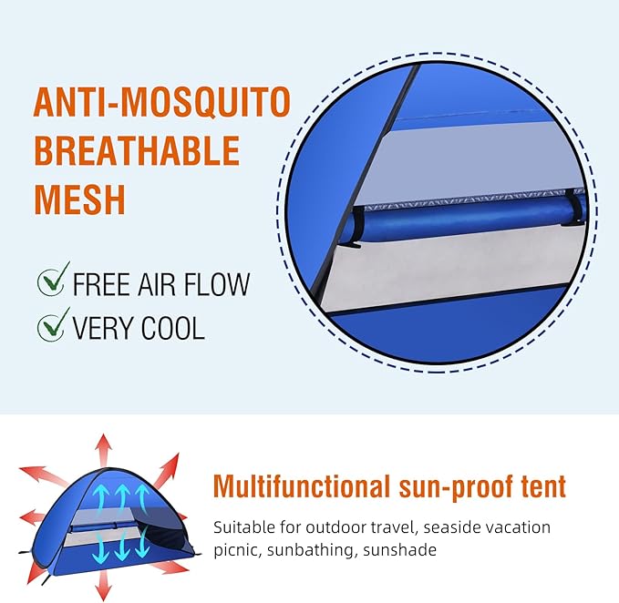 Beach Sun Shelters, Instant Sun Shade Canopy Head PopUp Canopy Automatic Shade Tent for Camping, Portable Windproof Waterproof with Mobile Phone Stand with Tent Nails, with Breathable Mesh, 80cm