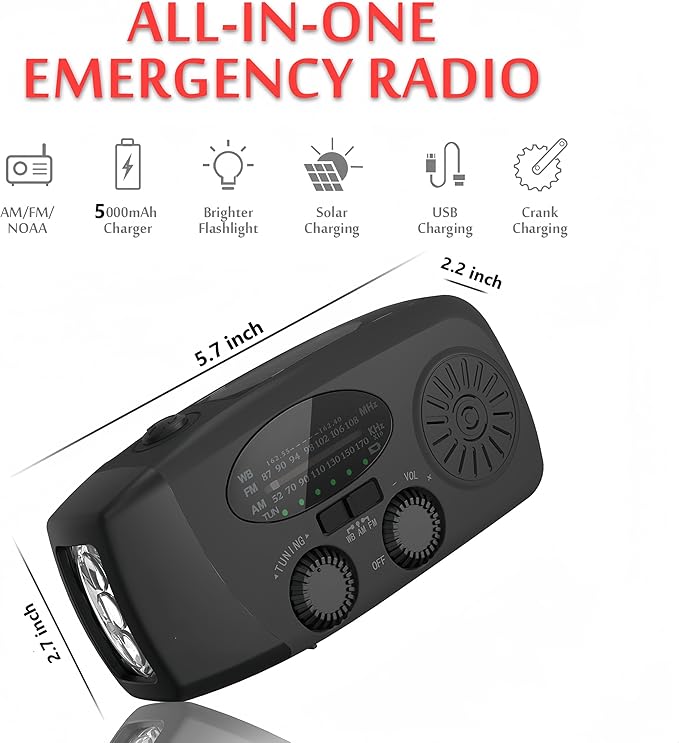 18500mWh Weather Emergency Radio, Portable Solar AM/FM/NOAA Hand Crank Radio, Cell Phone Charger with SOS, 1W LED Flashlight, Headphone Jack, Power for Emergency Preparedness (5000mAh Black)