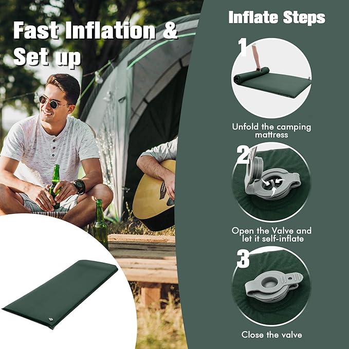 Tangkula Self Inflating Sleeping Pad, 3 Inch Inflatable Camping Mattress Pad with 9.5R Value, Insulated Foam Camping Mat with Pillow, Lightweight Camp Sleep Pad for Backpacking, Car, Tent