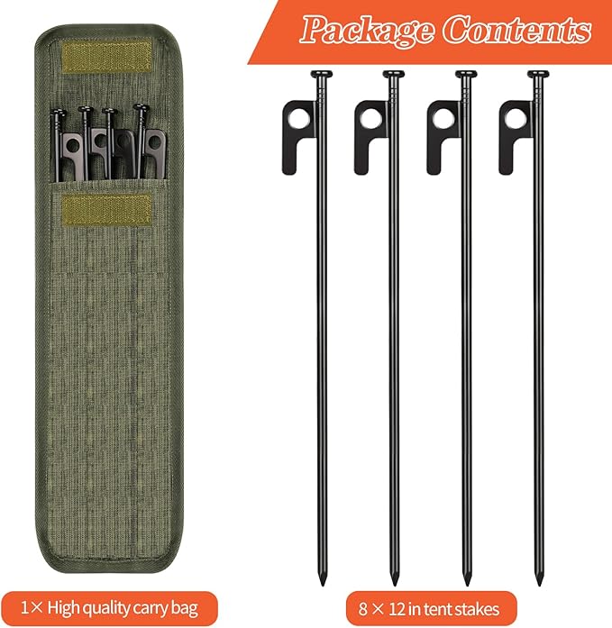 8 Pack Tent Stakes, 12in Heavy Duty Stakes with Storage Bag, Forged Steel Tent Pegs for Camping