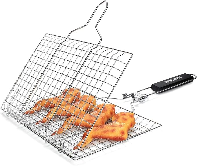 Fish Grilling Basket, Folding Portable Stainless Steel BBQ Grill Basket for Fish Vegetables Shrimp with Removable Handle, Come with Basting Brush and Storage Bag