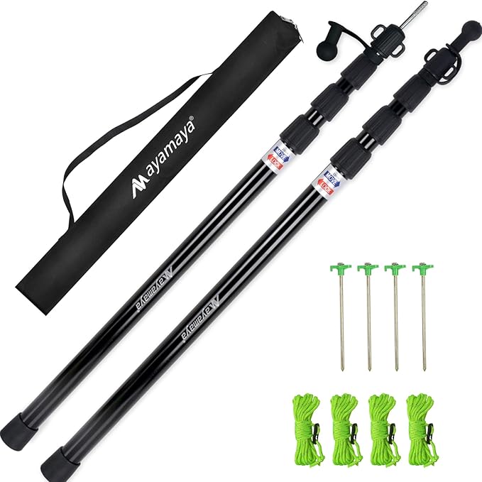 AYAMAYA Tarp Poles - Telescoping Camping Tent Poles Replacement, Upgraded 4-Section Heavy Duty Aluminum Rods with Stakes & Guylines for Tents, Rain Fly, Camping Shelter, Awning Canopy RV Car, Set of 2