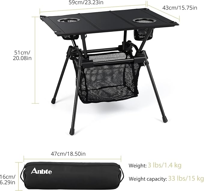 Anbte Ultralight Portable Camping Table, 3.2lb Folding Camping Table with Cup Holders & Storage Net, 20in Height for Camping Hiking Tailgating Beach Picnic Travel Patio, 23" x 16", Black