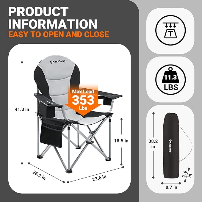 KingCamp Folding Portable Camping Chairs Oversized Padded Quad Arm Chair with Cooler Bag, Cup Holder and Side Pocket, Heavy Duty Supports 300 lbs for Outdoor, Lawn, Fishing, Sports