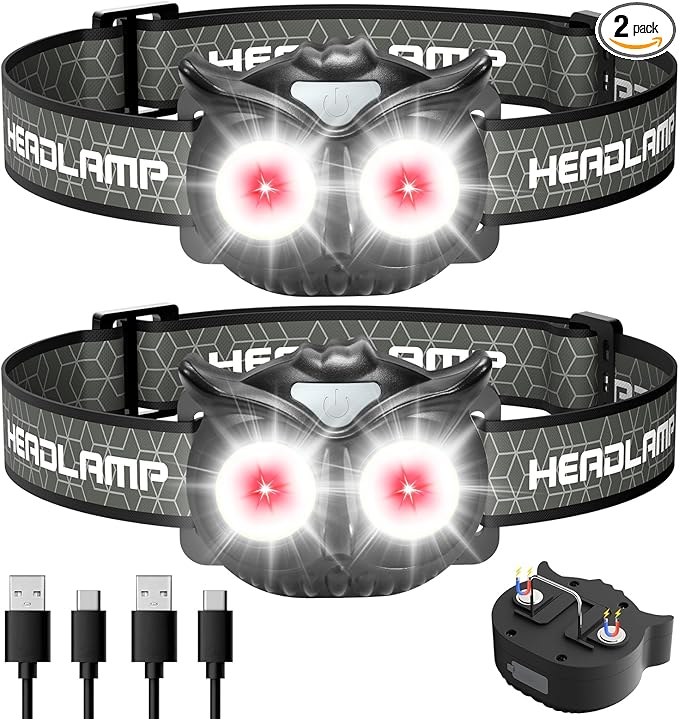 Lsnisni Headlamp Rechargeable 2 Pack, Kids LED Headlamp with Red Light, Head lamp for Adults and Kids with 5 Modes, Waterproof Forehead Flashlight for Camping Outdoor Hiking Running