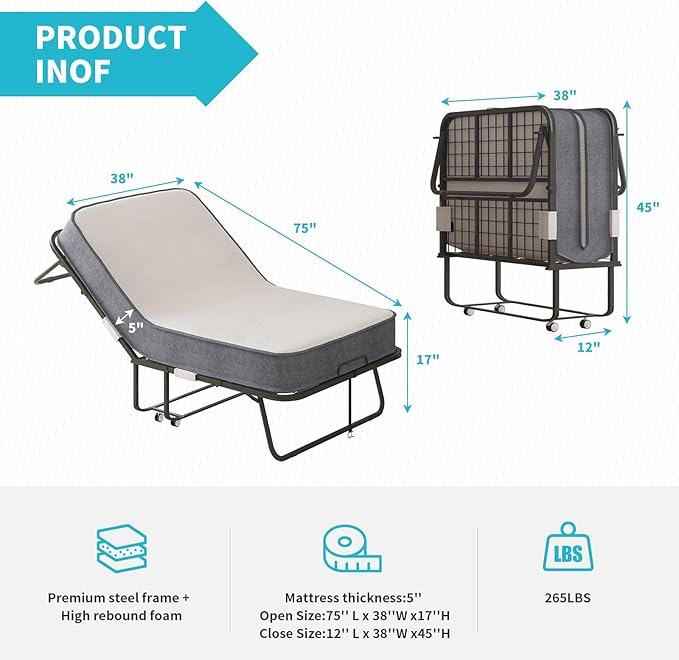 BALUS Folding Bed with Mattress for Adults, Rollaway Bed with Wheels and Memory Foam Mattress, 75"x38" Portable Fold Up Beds Metal Frame for Guest Room Space Saving, Easy Assembly & Moving(Standard)