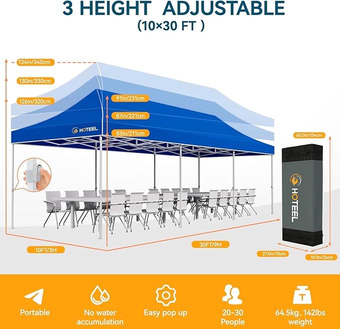 Hoteel 10x30 Pop Up Canopy Tent Heavy Duty with 8 Sidewalls, Waterproof Party Tent, Easy Set-up Commercial Instant Tents with Hand Bag, Rope & Nail, Hexagonal Leg (1-Year Warranty)