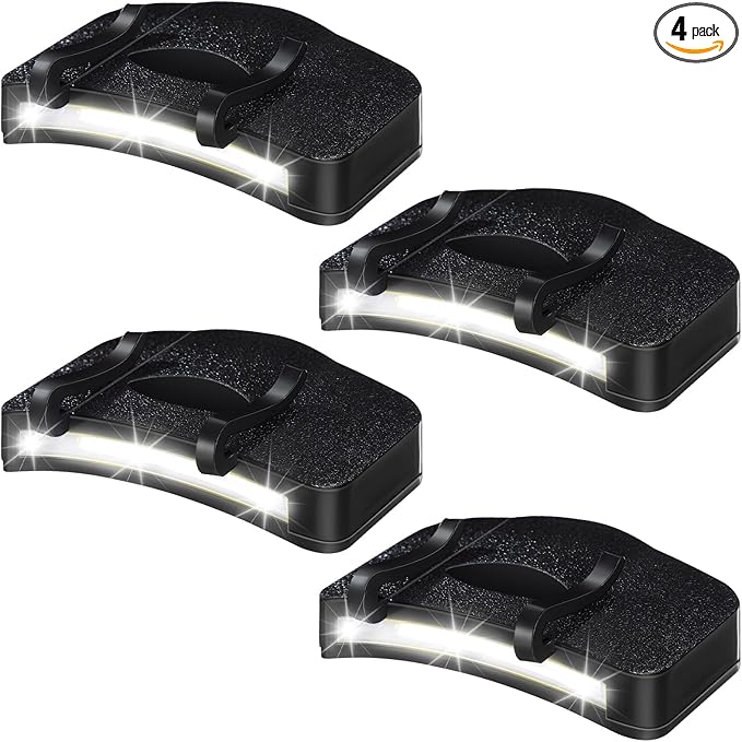 Mudder 4 Pcs Hat Light Clip Cob Cap Lights Clip on Hat Headlamp Battery Powered Cap Brim Lamp Black Waterproof Ultra Bright Headgear Flashlight for Hunting Camping Fishing Hiking