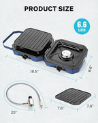 Gonex Camping Stove with 2 Burner Griddle & Grates, Portable Foldable Cooking Stove with Total 16,000 BTU, Two Piezo Ignition Adjustable Burners for Camping (Blue)