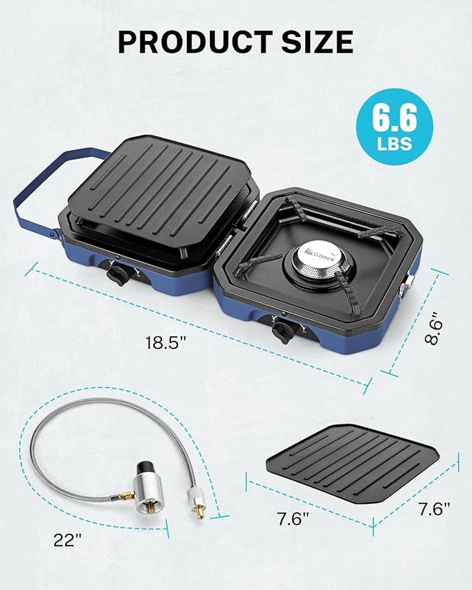 Gonex Camping Stove with 2 Burner Griddle & Grates, Portable Foldable Cooking Stove with Total 16,000 BTU, Two Piezo Ignition Adjustable Burners for Camping (Blue)