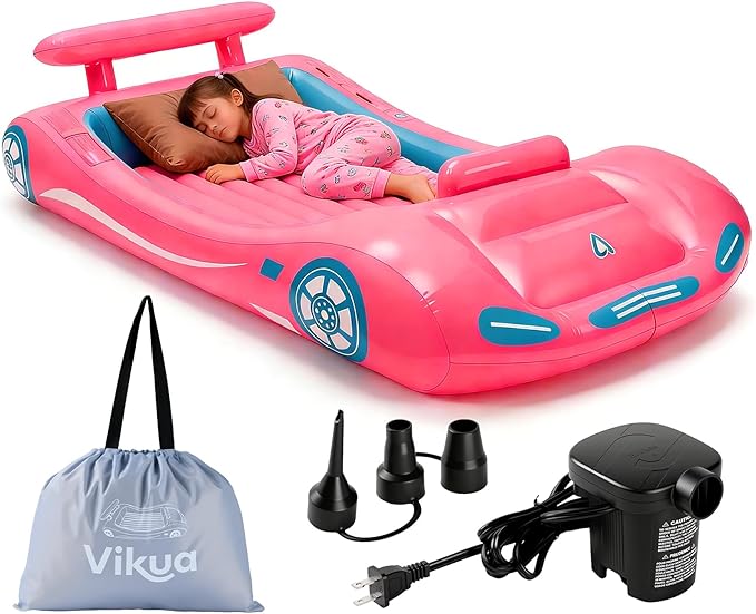 Vikua Inflatable Toddler Travel Bed with Safety Bumpers & Quick-Inflating Pump, Portable Blow Up Air Mattress for Kids with Carry Bag, for Home, Travel, Camping, Sleepovers, 330lbs Support (Pink)