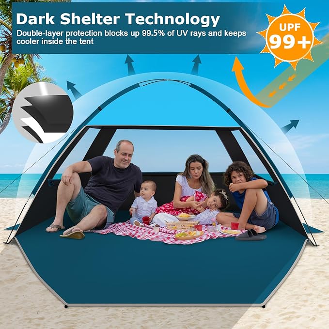 COMMOUDS Beach Tent Sun Shade for 3/4/6/8 Person, UPF 50+ Beach Sun Shelter Canopy Tent, Lightweight, Easy Set Up and Carry