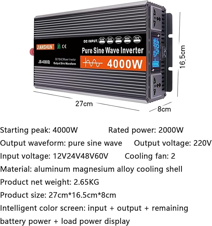 High Efficiency 3000W 4000W 5000W 6000W Pure Sine Wave Power Inverter DC 12V/24V to AC 220V 230V 240V Converter Solar Power Inverter with AC Outlets & LCD Display for Home Camping,4000W-12V