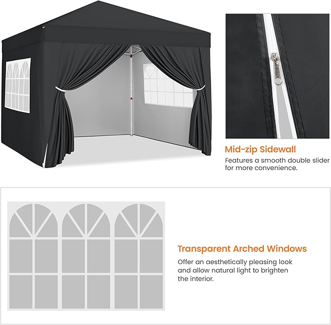 Yaheetech 8x8 Pop Up Canopy with 4 Removable Sidewalls, Portable Enclosed Instant Tent, Waterproof Outdoor Tent, Beach Sun Shelter with 4 Sandbags, 8 Stakes & 4 Ropes, Black