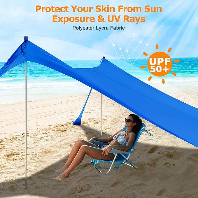 COMMOUDS Beach Tent Sun Shelter - UPF50+ Pop Up Beach Canopy with Sandbags & Sand Shovel & Windproof Poles, Portable Sun Shade for Beach, Camping, Picnics, Backyard