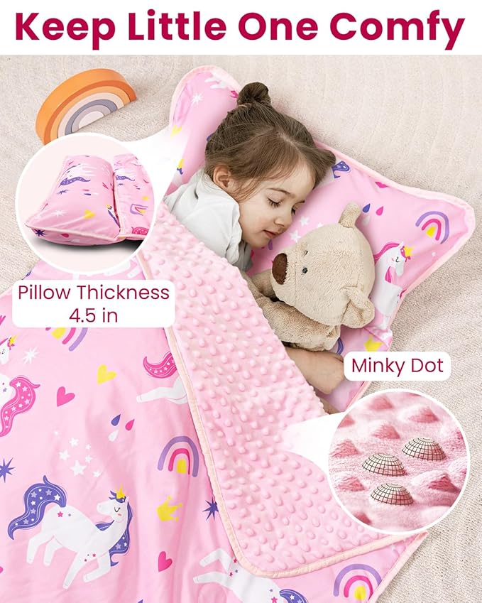 Toddler Nap Mat with Pillow and Minky Blanket, Large 55"x36" Sleeping Bag, Washable, Lightweight, Easy to Roll, Perfect for Preschool, Daycare, Kindergarten, Travel, Boys and Girls-Horse